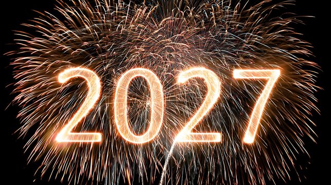 Fireworks display with glowing 2027 text on black background