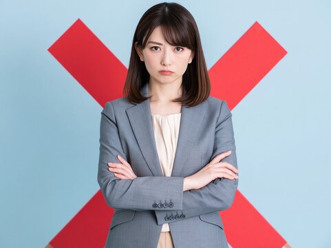 赤いバツ印を背景に不満げな表情で腕を組み厳しい眼差しを向ける女性