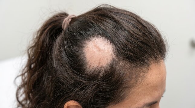 Rear top view of woman scalp showing round bald patch caused by alopecia areata hair loss