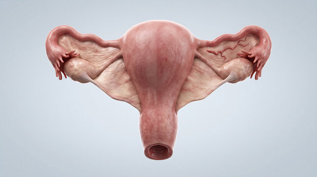 Anatomical model of female reproductive system showing uterus fallopian tubes ovaries fimbriae broad ligament and cervix