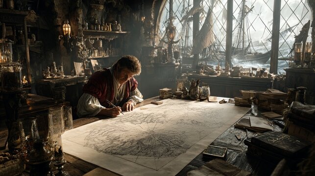 A 16th Century Portuguese Cartographer Skillfully Illustrating an Intricate Map in a Dimly Lit Study Filled with Nautical Artifacts and a View of Ships at Sea