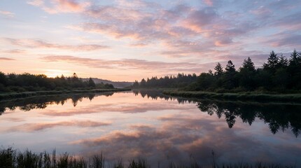 Fototapeta premium Serene Sunrise Over Calm Lake Reflecting Pink Clouds and Forest Silhouette.