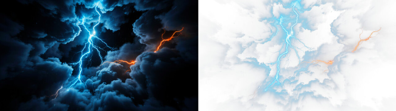 Dramatic storm clouds with bright blue and orange lightning bolts striking through the dark sky, high contrast atmospheric weather phenomenon isolated on transparent background