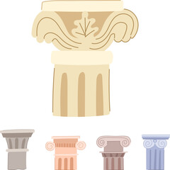 Obraz premium Ancient column capitals displaying different architectural orders including doric, ionic, and corinthian styles, creating a collection of classical building elements