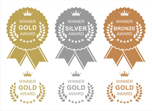 Gold Silver Bronze Award Badge and Medal Collection with Laurel Wreath Winner Seals and Premium Recognition Emblems Vector Set