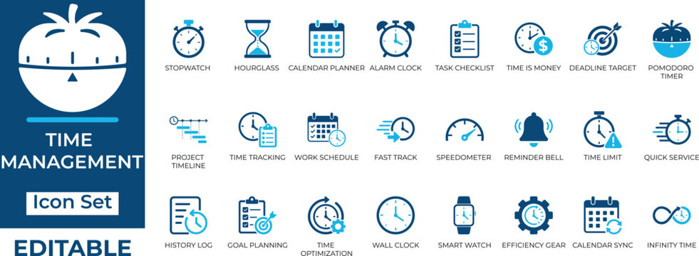 Time management icon set. Containing stopwatch, calendar planner, deadline target, pomodoro timer and project timeline icons. Solid icon collection.
