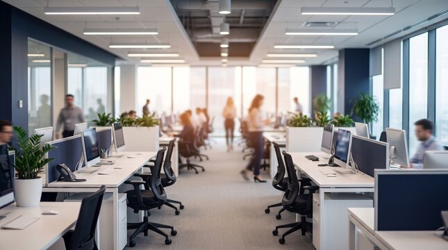 Modern open plan office with diverse professionals working at desks. Bright corporate workspace with computers and indoor plants.