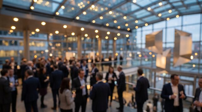Blurred business conference crowd in modern glass lobby, corporate networking event with bokeh lights, professional seminar background