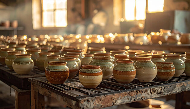 Kiln shelves with bisque fired ceramic pieces cooling in warm ambient workshop glow generative AI