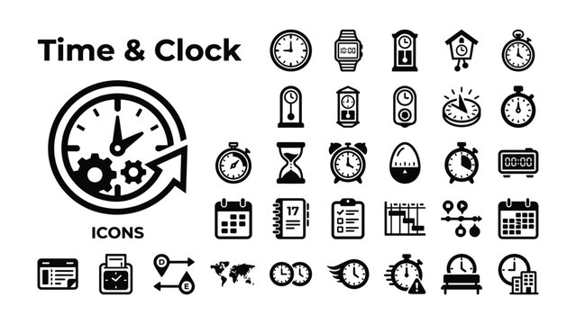 Collection of Time and Clock Icons: A comprehensive set of diverse icons representing various timekeeping devices and concepts, including clocks, watches, calendars, and hourglasses.
