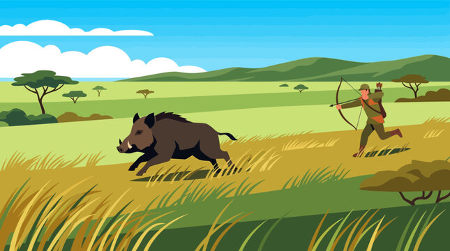 Flat vector illustration of a hunter with a bow and arrow chasing a running wild boar in a vast savanna landscape with rolling hills, scattered trees, and a clear blue sky.