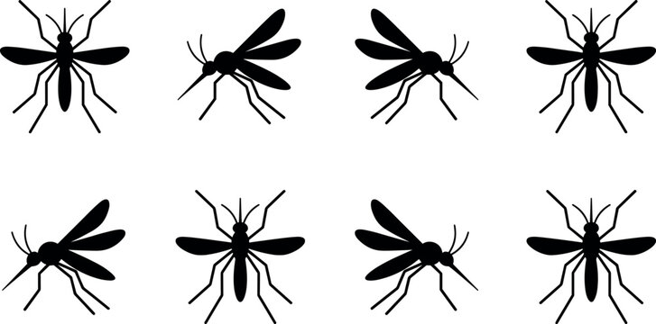 Set of black silhouette mosquito icons in various angles and poses vector illustration