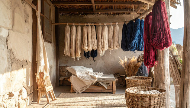 Skeins of naturally dyed yarn in indigo and madder red hanging to dry generative AI