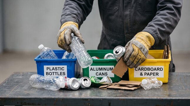 Person sorting plastic bottles and aluminum cans into labeled bins