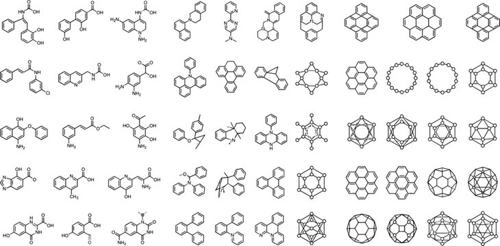 Set of chemical structures, organic molecules, polycyclic aromatic hydrocarbons, and molecular geometry vector icons
