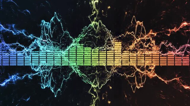 Abstract sound wave visualization with vibrant rainbow spectrum and subtle particle effects during a digital analysis