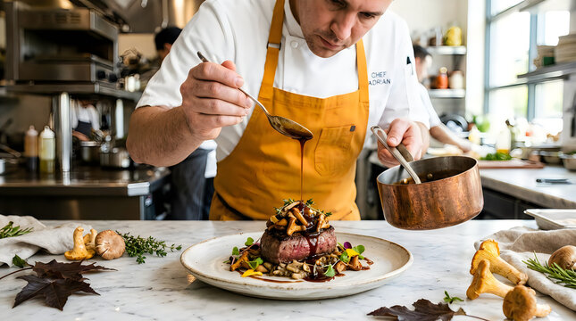 Professional chef plating a gourmet steak dish with mushrooms and sauce in a highend restaurant kitchen
