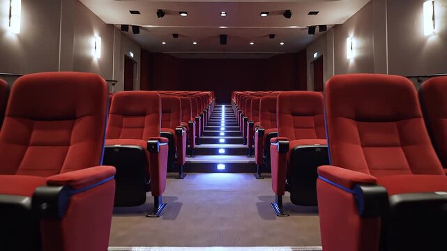 Modern cinema theater interior with rows of comfortable red seats, illuminated aisle steps, elegant wall lighting, cinematic atmosphere, spacious auditorium, and empty movie hall.