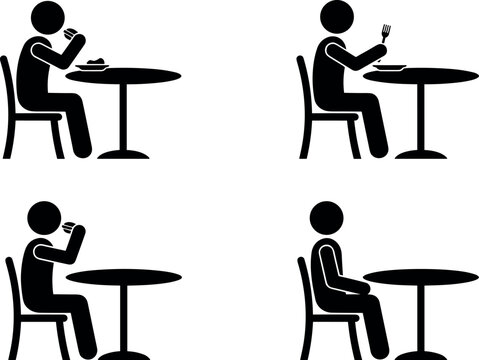 Set of people eating and sitting at a table with food and cutlery vector icons