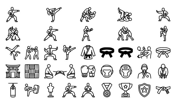 Martial Arts Karate Taekwondo Judo and Combat Sports Thin Line Icons