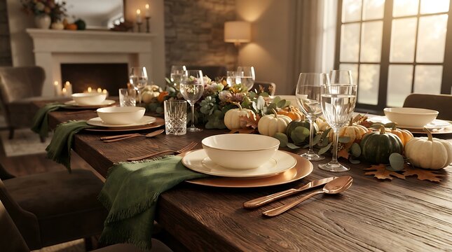 Festive thanksgiving dinner table setting with pumpkins and greenery decor