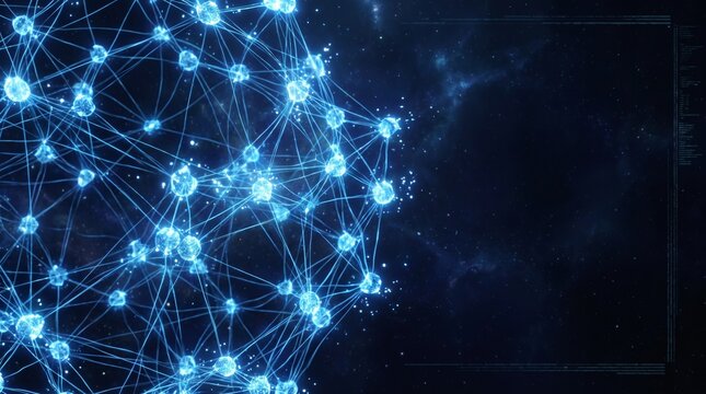 Network nodes form a glowing blue digital sphere on a dark background.