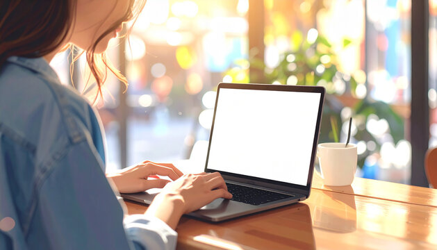 Blurred over the shoulder shot of woman from behind typing at laptop in airy cafe generative AI