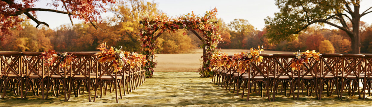 Empty outdoor wedding ceremony setup with autumn foliage and floral arch