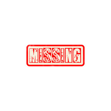 Red rubber stamp with the word missing written in bold capital letters for document marking and office use