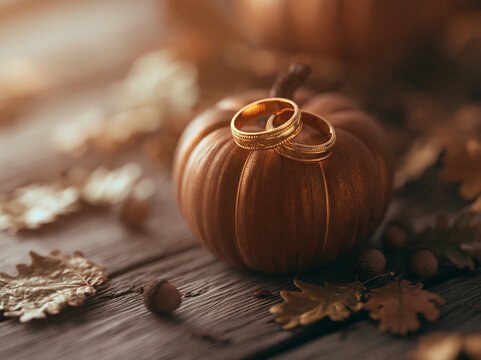 Two gold wedding rings on decorative pumpkin with autumn leaves