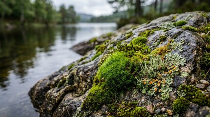 Fototapeta premium Close up of moss and lichen on a rock by a calm lake with forest in the background.