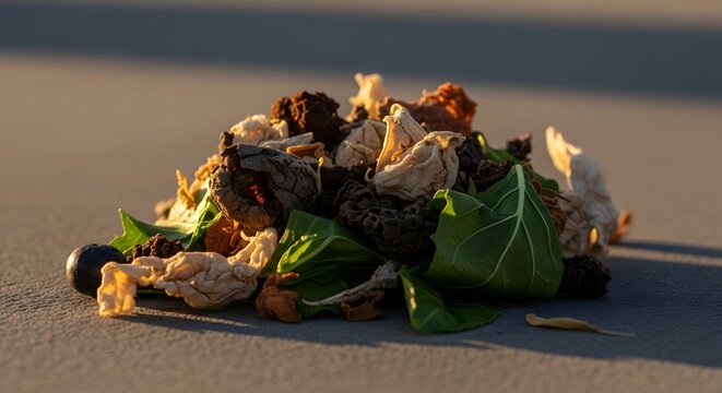 Pile of Food Waste on Pavement Under Sunlight.