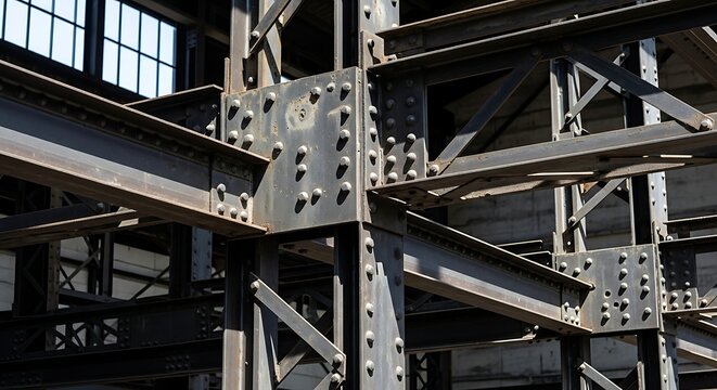 Detailed shot of industrial steel beams and riveted metal girders in a vintage warehouse structure