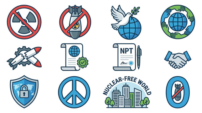 Set of icons representing nuclear disarmament, global peace, and international security agreements.
