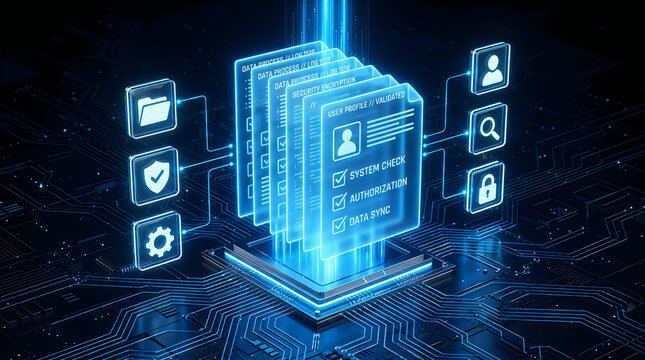 Digital data processing and security concept with holographic user profile, system check, authorization, and data sync icons on a circuit board