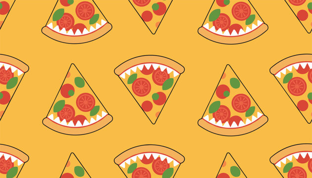 Fun seamless wallpaper pattern featuring slices of monster pizza with creepy teeth crusts on a warm background.