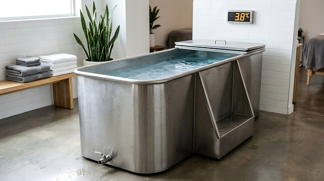 Cold plunge recovery bath tub with digital temperature display in a bright room