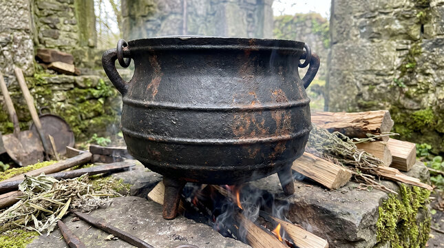 Large cast iron cauldron heating over an open fire in the ruins of an ancient stone building