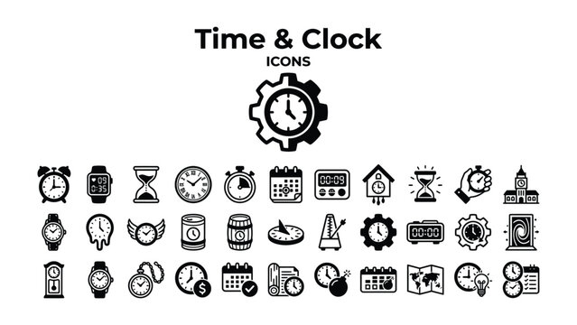 Time and Clock Icons Collection: A comprehensive set of vector icons representing various forms of timekeeping devices and concepts, including clocks, watches, hourglasses, timers, and calendars.