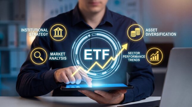 ETF investment and portfolio management concept. Businessman using tablet with financial icons
