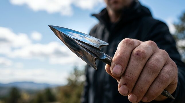 Man holding a sharp metal arrowhead outdoors with sky background.