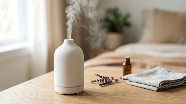 Modern ceramic essential oil diffuser with mist on a wooden nightstand