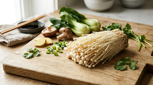 Fresh enoki mushrooms with bok choy and chopped scallions on a wooden cutting