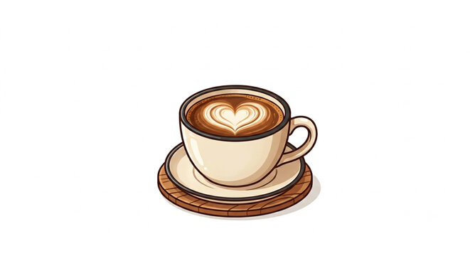 Cup of Hot Coffee with Heart Latte Art on Wooden Coaster Vector Illustration