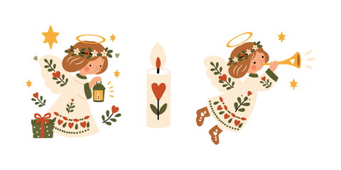 Obraz premium Cute Christmas angels cartoon character set with candle and trumpet vector