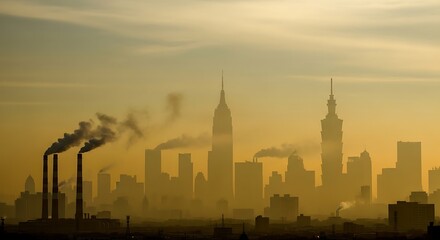 Obraz premium Urban skyline silhouette under heavy atmospheric smog with industrial smokestacks emitting thick exhaust clouds during sunrise