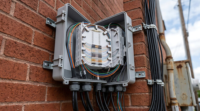 Open fiber optic distribution box mounted on an exterior red brick wall