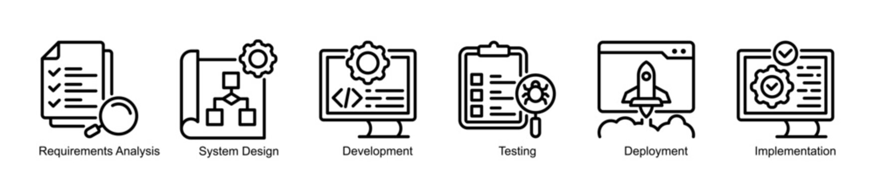 Waterfall Process Flow Infographic Outline Style Icon Set