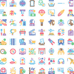 Fototapeta premium Set of diverse vector illustrations featuring colorful flat line icons covering a wide range of topics, perfect for infographic elements, app interfaces, and modern design projects