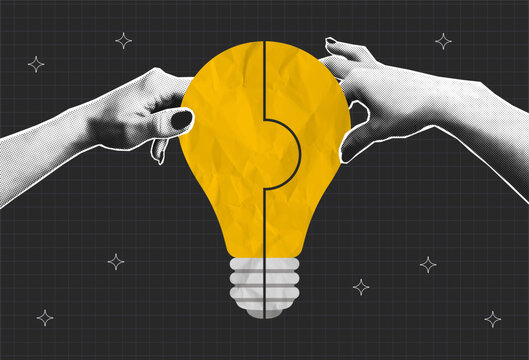 Halftone two hands joined the puzzle pieces into light bulb. Collage banner with light bulb made of crumpled paper and assembled from jigsaw puzzles. Concept of idea, startup and teamwork. Vector